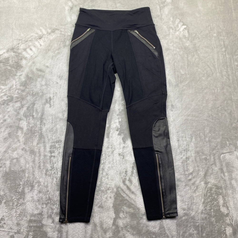 Athleta Black Moto Leggings Faux Leather Trim Zipper Ankle S/73408 Sz S Fits 24"